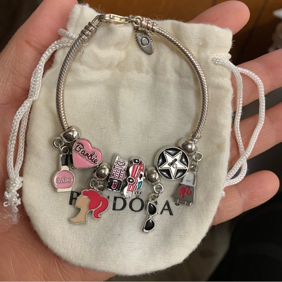 Pandora Snake Chain Lobster Clasp Bracelet w/ 8 New Barbie Theme Charms - Picture 1 of 10